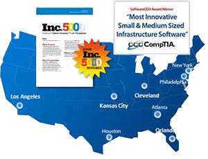 Map of the U.S. with Docufree's SoftwareCEO Award for innovation by CompTIA and listing in Inc 5000