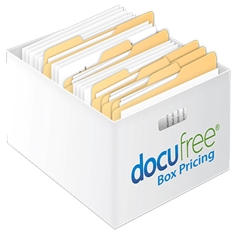 File box full of files labeled Docufree Box Pricing